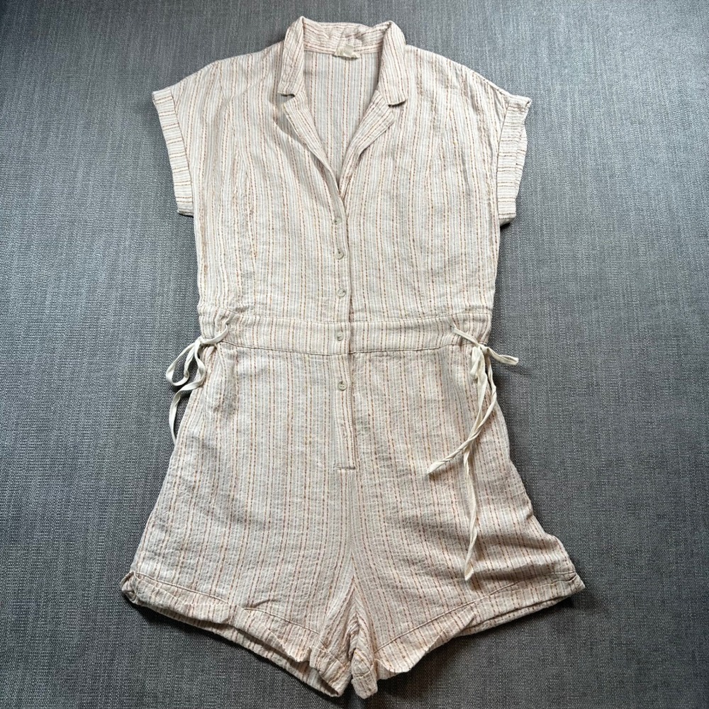 Hem & Thread Romper Women Large‎ Beige Striped Short Sleeve Button Front
